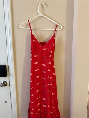 Red Sleeveless Maxi Dress with Subtle White Fish Print